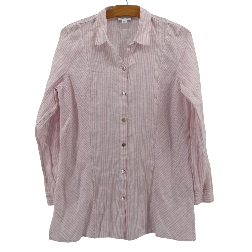 J. Jill 100% Linen Shirt Womens Small Pink White Striped Long Sleeve Blouse